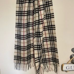 Burberry cashmere scarf. Cream, black, white, and red.